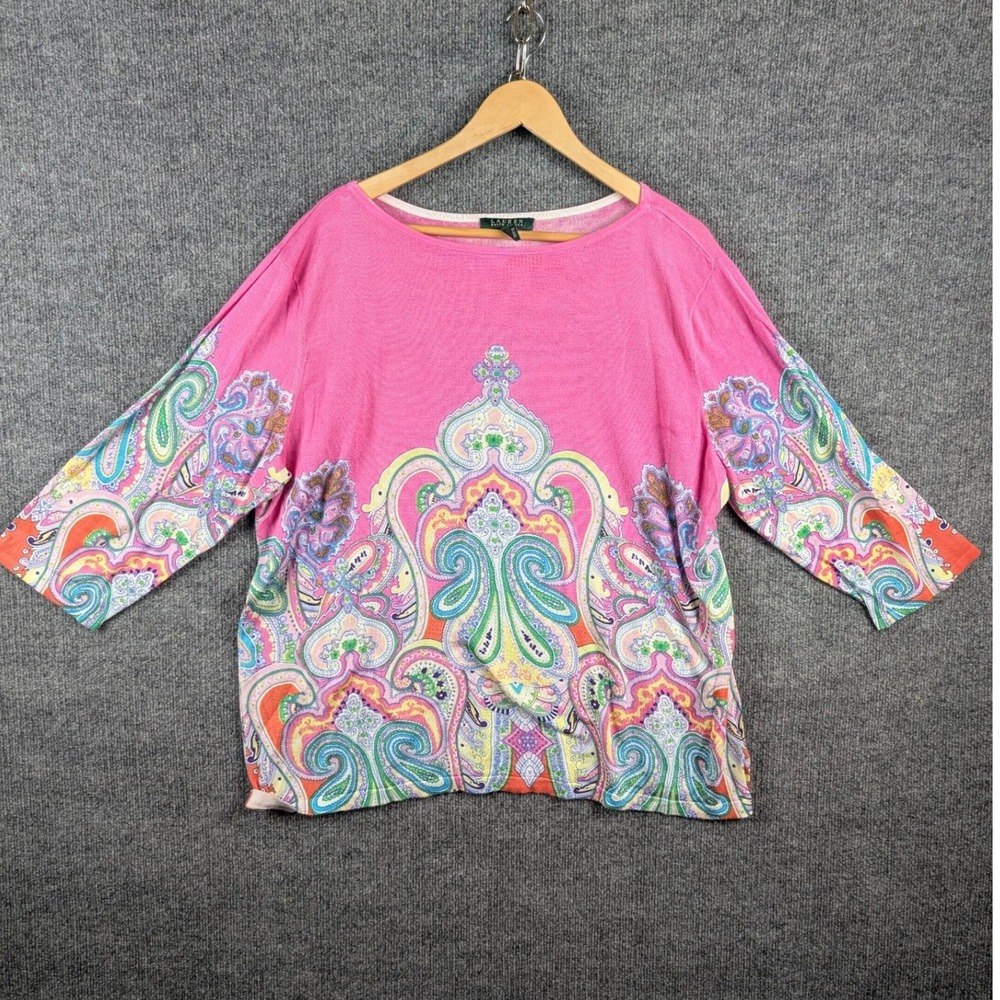 Lauren Ralph Lauren 3X Top Blouse Pink Paisley 3/4 Sleeve knit Plus Size
